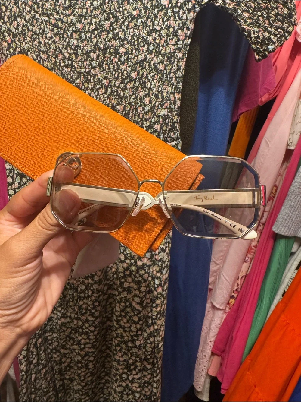 Tory Burch Beige-Tone Hexagon Sunglasses with Orange Case - Picture 2 of 5